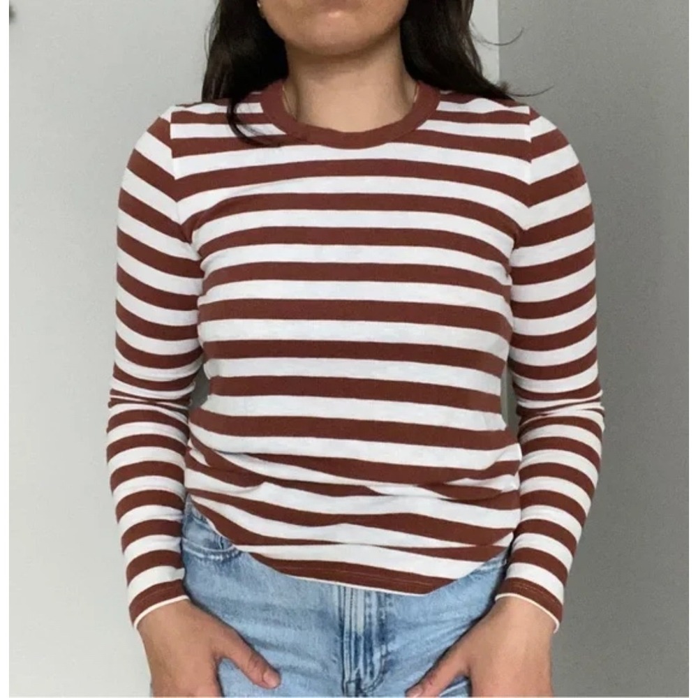 Aerie Real Soft Striped Long Sleeve Rust White Crew Neck Womens Elena‎ Gilbert